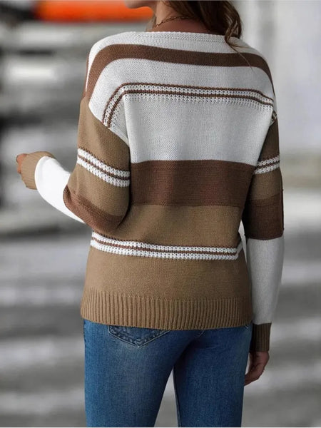 Casual V-neck Tops Color Blocked Sweater Long Sleeve Knitted Sweater Autumn Winter Clothing Commuting Ropa De Mujer Pullover