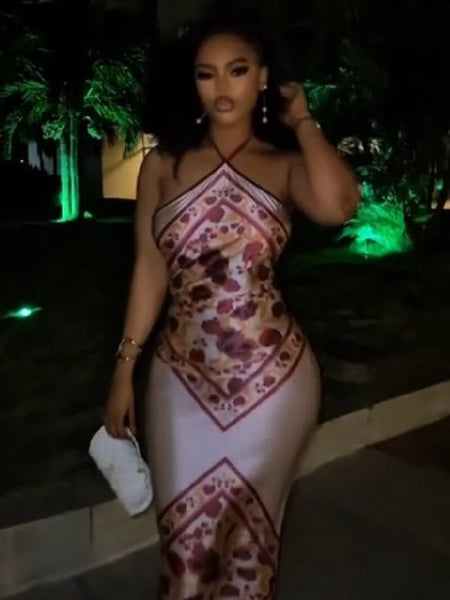Chic Elegant Satin Dress Floral Print Slim Bodycon Women Dresses Evening Party Wedding Guest Summer Streetwear