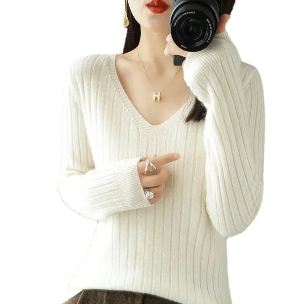 Women Sweater 2024 Autumn Winter Warm Basic Tops Casual V--neck Spring Bottoming Shirts Long Sleeve Fashion Korean Knit Pullover