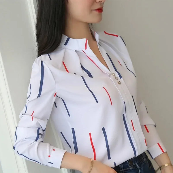 JFUNCY Women White Tops Women's Blouses Fashion Stripe Print Casual Long Sleeve Office Lady Work Shirts Female Slim Blusas