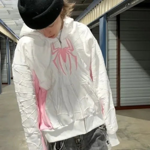 New Gothic Dark Spider Print Hooded Cardigan Women's Zip Loose Jacket Tops Woman