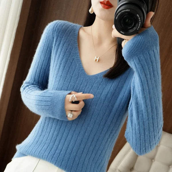 Women Sweater 2024 Autumn Winter Warm Basic Tops Casual V--neck Spring Bottoming Shirts Long Sleeve Fashion Korean Knit Pullover