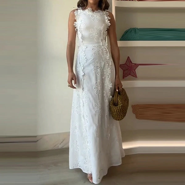Women Sexy Lace Jacquard Slim Fit Party Dress Fashion Lace Up Solid Long Dresses Elegant O Neck Sleeveless Hollow Banquet Dress
