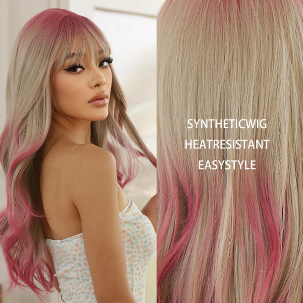 Ash Blonde Ombre Pink Long Wavy Wig Synthetic Natural Wave Wigs with Bangs Halloween Cosplay Party Wig for Women Heat Resistant