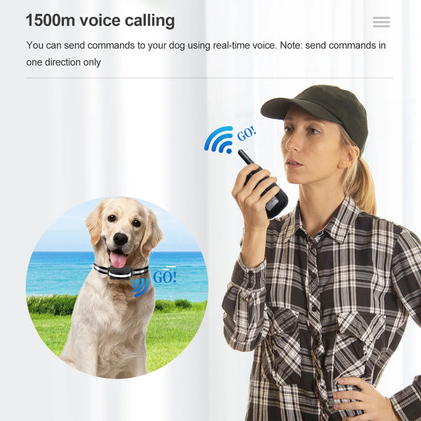 1500m Electric Dog Training Collar Voice Walkie-Talkie Pet Remote Control Waterproof Rechargeable For All Sizes Vibration Sound