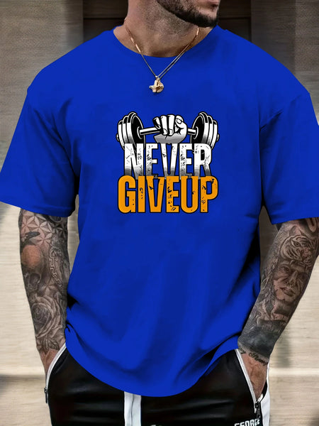 Gym T-shirt 2025 Summer Essential Men's Comfy Everyday Trendy Never Give Up Barbell Print 100% Cotton Short Sleeve Casual Top