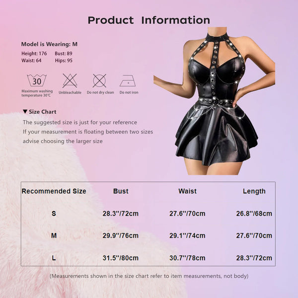 Womens Punk PU Leather Dress with T-Back Briefs Halter Eyelet Straps Chain A-Line Cocktails Mini Dress Jazz Performance Costume