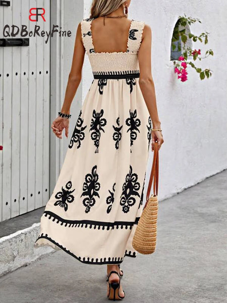 Women Summer Dress Straps Printed High Waist Sexy Backless Beach Dress Holiday New Robes A-Line Maxi Dresses for Women 2024