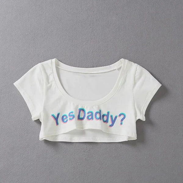 Women Letter Print Short Sleeve Yes Daddy Short Top Sleeve Crop Running T Shirt