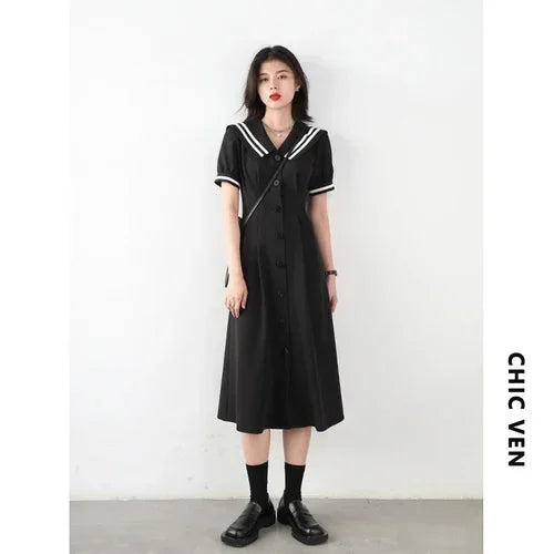 CHIC VEN Korean Women Dresses Black Short Sleeve Navy Collar Dress for Woman Office Lady Female Party College Summer 2025