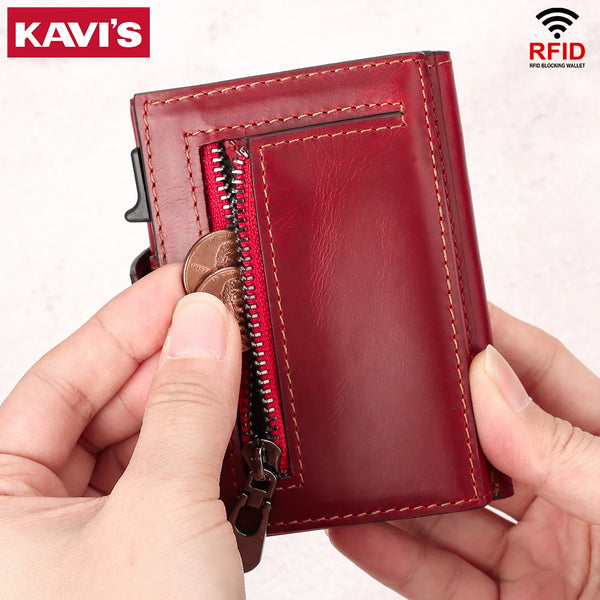 Anti-scan Magnet Credit Card Holder Wallet Genuine Leather Automatic Pop Out Aluminum Smart Wallets Luxury AirTag Purse Set