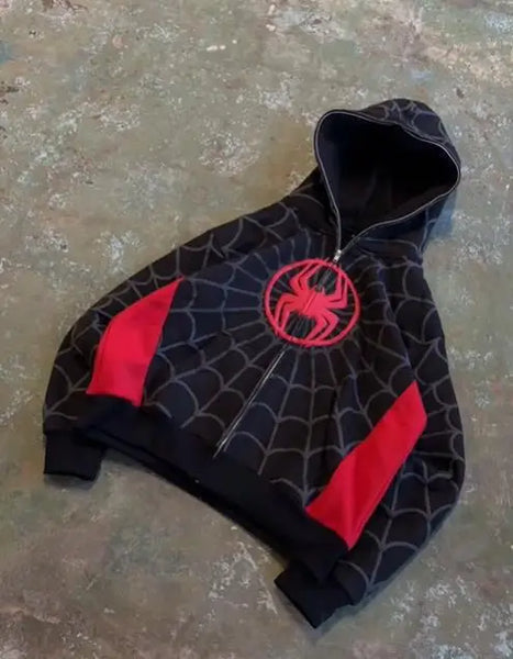 New Gothic Dark Spider Print Hooded Cardigan Women's Zip Loose Jacket Tops Woman