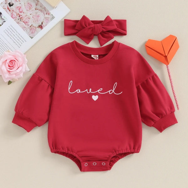 Baby Girl Valentine's Day Outfits Ruffle Bubble Long Sleeve Heart Print Sweatshirt Romper with Headband Set Baby Bodysuits