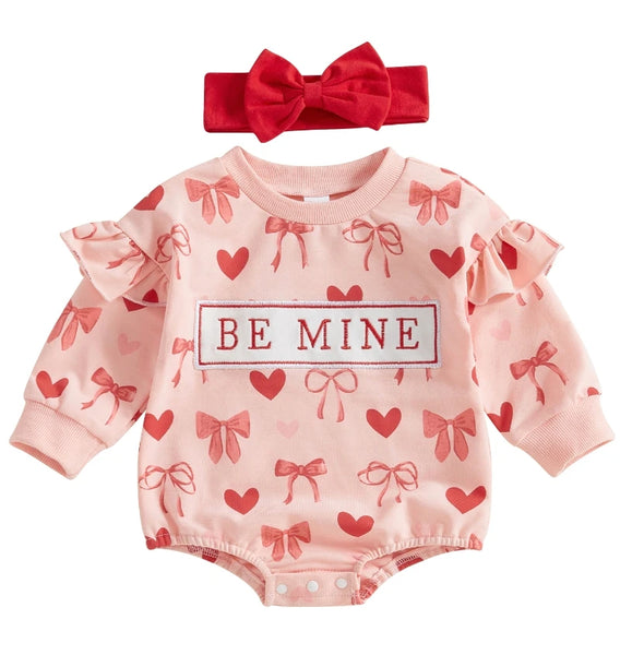 Baby Girl Valentine's Day Outfits Ruffle Bubble Long Sleeve Heart Print Sweatshirt Romper with Headband Set Baby Bodysuits