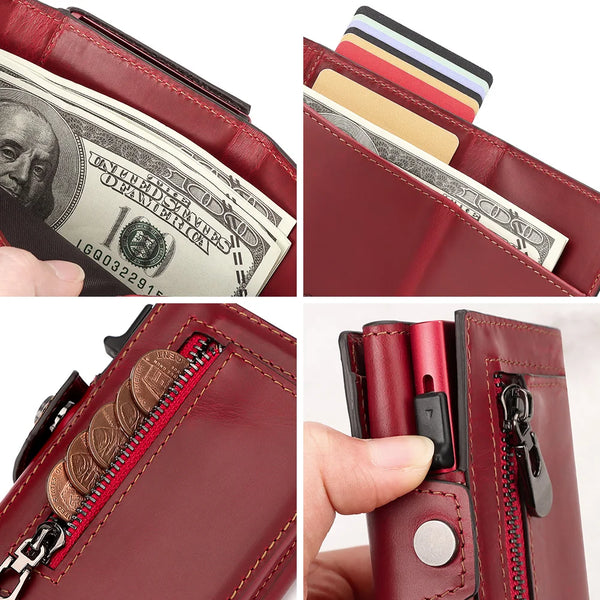 Anti-scan Magnet Credit Card Holder Wallet Genuine Leather Automatic Pop Out Aluminum Smart Wallets Luxury AirTag Purse Set