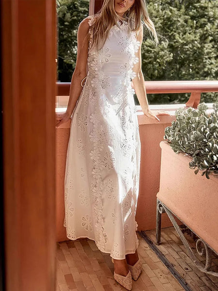 Embroidery Flower Patchwork Long Dress For Women Round Neck Sleeveless Lace Up High Waist Spliced Slim Dresses 2025 Summer New