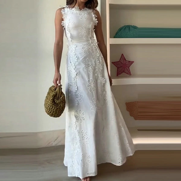 Women Sexy Lace Jacquard Slim Fit Party Dress Fashion Lace Up Solid Long Dresses Elegant O Neck Sleeveless Hollow Banquet Dress