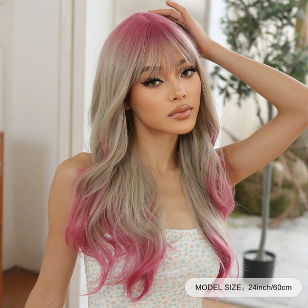 Ash Blonde Ombre Pink Long Wavy Wig Synthetic Natural Wave Wigs with Bangs Halloween Cosplay Party Wig for Women Heat Resistant