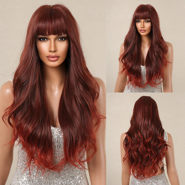Ash Blonde Ombre Pink Long Wavy Wig Synthetic Natural Wave Wigs with Bangs Halloween Cosplay Party Wig for Women Heat Resistant