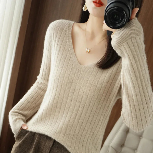 Women Sweater 2024 Autumn Winter Warm Basic Tops Casual V--neck Spring Bottoming Shirts Long Sleeve Fashion Korean Knit Pullover