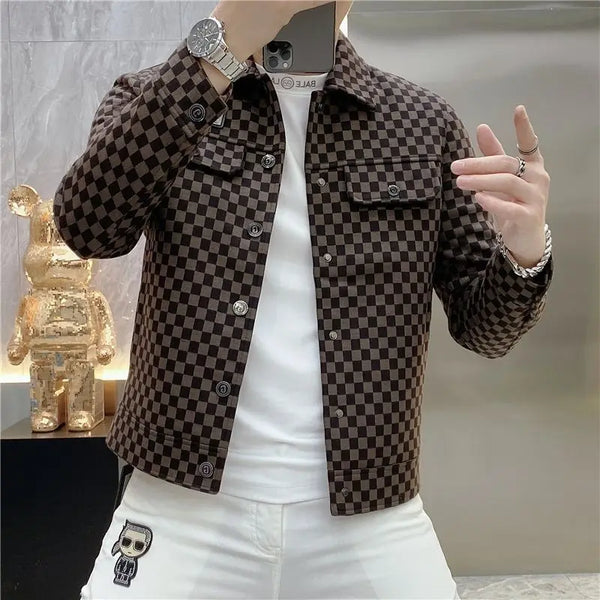 New Checkered Jacket Men's Trendy Brand Flip Collar High End Fashion Printed Casual Slimming Coat for Men