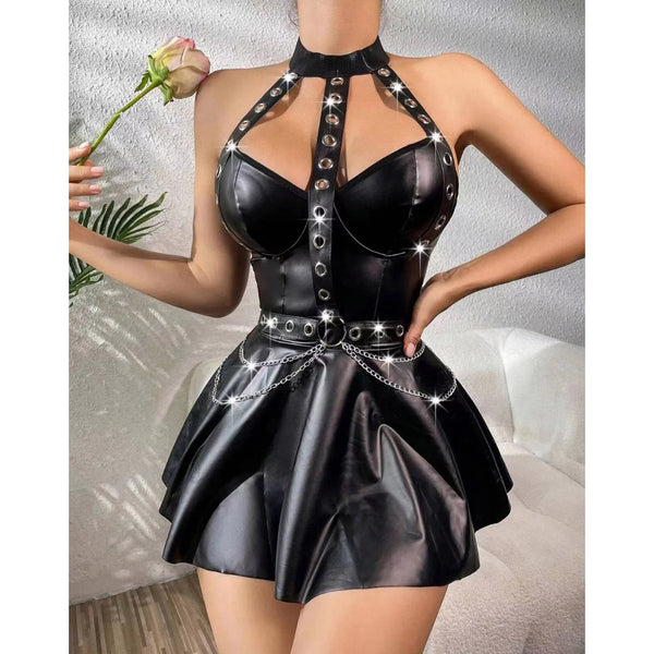 Womens Punk PU Leather Dress with T-Back Briefs Halter Eyelet Straps Chain A-Line Cocktails Mini Dress Jazz Performance Costume