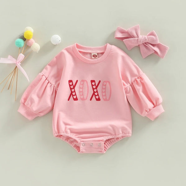 Baby Girl Valentine's Day Outfits Ruffle Bubble Long Sleeve Heart Print Sweatshirt Romper with Headband Set Baby Bodysuits