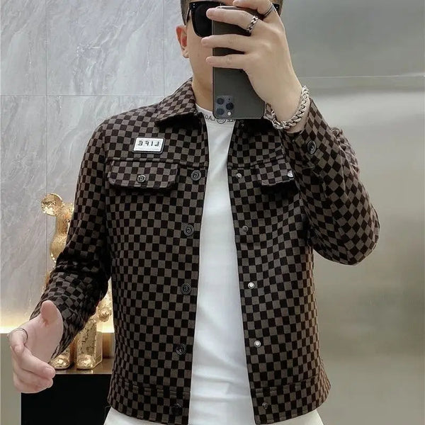 New Checkered Jacket Men's Trendy Brand Flip Collar High End Fashion Printed Casual Slimming Coat for Men