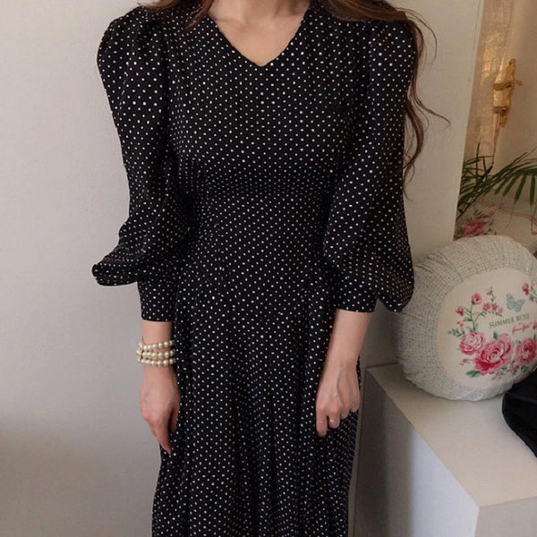 South korea Chic Retro Elegant Slimming V-neck Slim fit High Waist Lace-up Pleat Lantern Sleeve Small Polka Dot Dress Women