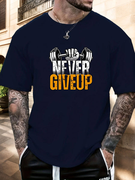 Gym T-shirt 2025 Summer Essential Men's Comfy Everyday Trendy Never Give Up Barbell Print 100% Cotton Short Sleeve Casual Top