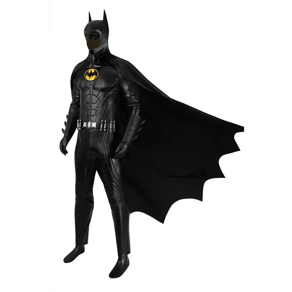 Michael Keaton Superhero Bat Bruce Wayne Cosplay Costume Hero Armor Outfit With Cowl Black Leather Jumpsuit Boots Halloween Suit