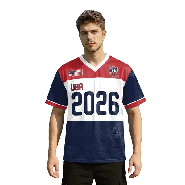 USA Red White Wavy Stripe Print 2026 Home Fan Edition Soccer Jersey Breathable Quick Dry Soccer Shirts