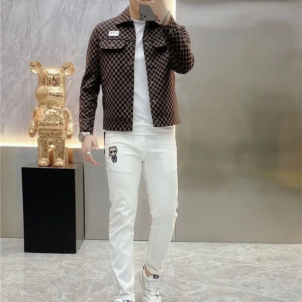 New Checkered Jacket Men's Trendy Brand Flip Collar High End Fashion Printed Casual Slimming Coat for Men