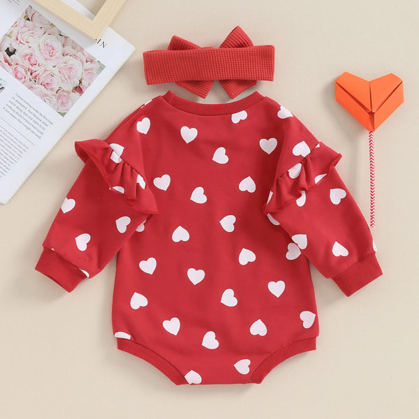 Baby Girl Valentine's Day Outfits Ruffle Bubble Long Sleeve Heart Print Sweatshirt Romper with Headband Set Baby Bodysuits