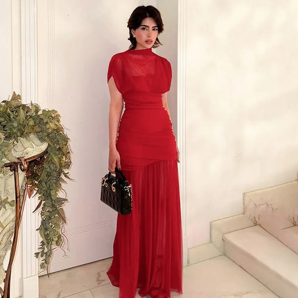 Chic Red Pleated Evening Party Long Dresses Slim Sleeveless Pleat Patchwork A-line Maxi Party Dresses 2025 Summer Lady Robes