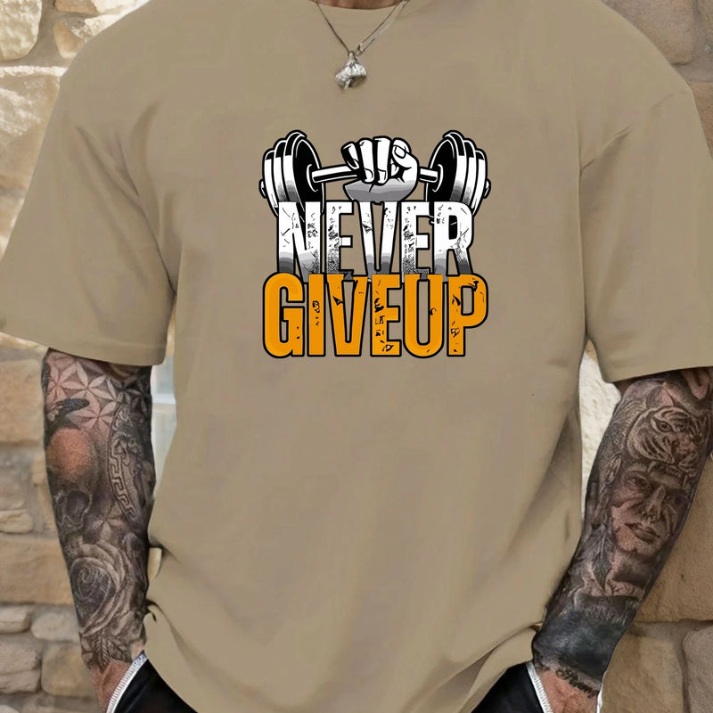Gym T-shirt 2025 Summer Essential Men's Comfy Everyday Trendy Never Give Up Barbell Print 100% Cotton Short Sleeve Casual Top