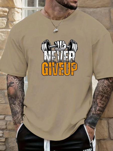 Gym T-shirt 2025 Summer Essential Men's Comfy Everyday Trendy Never Give Up Barbell Print 100% Cotton Short Sleeve Casual Top