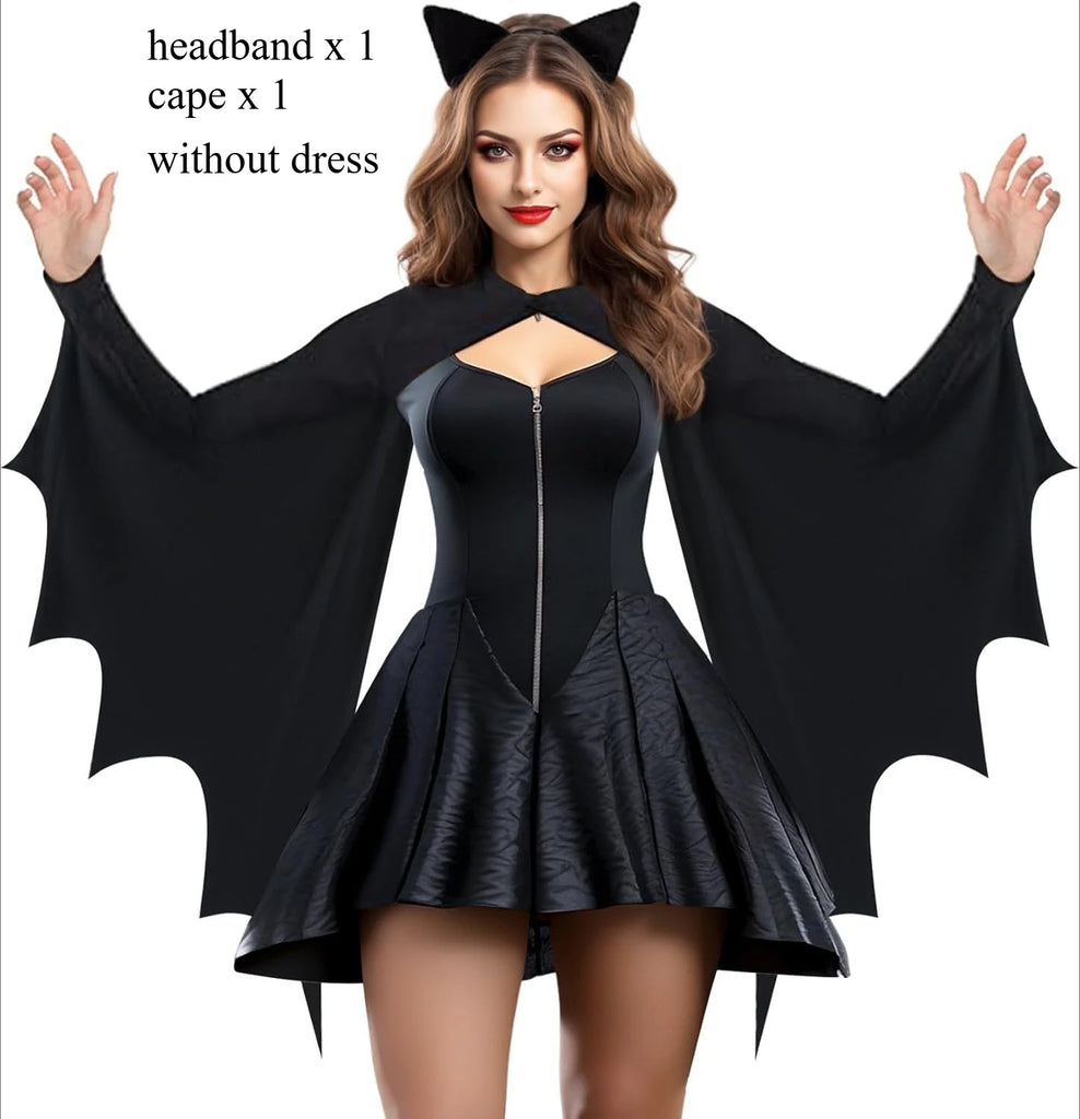 Bat Wing Costume for Women Adult Halloween Black Bat Vampire Devil Ghost Cape with Ear Headband Carnival Party Gothic Dress Up