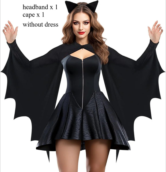 Bat Wing Costume for Women Adult Halloween Black Bat Vampire Devil Ghost Cape with Ear Headband Carnival Party Gothic Dress Up