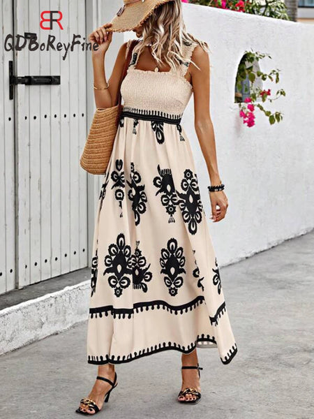 Women Summer Dress Straps Printed High Waist Sexy Backless Beach Dress Holiday New Robes A-Line Maxi Dresses for Women 2024