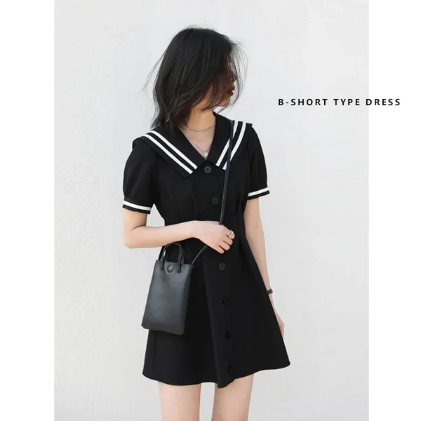 CHIC VEN Korean Women Dresses Black Short Sleeve Navy Collar Dress for Woman Office Lady Female Party College Summer 2025
