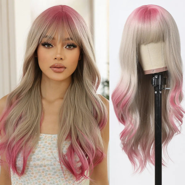 Ash Blonde Ombre Pink Long Wavy Wig Synthetic Natural Wave Wigs with Bangs Halloween Cosplay Party Wig for Women Heat Resistant