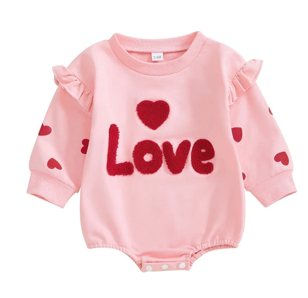 Baby Girl Valentine's Day Outfits Ruffle Bubble Long Sleeve Heart Print Sweatshirt Romper with Headband Set Baby Bodysuits