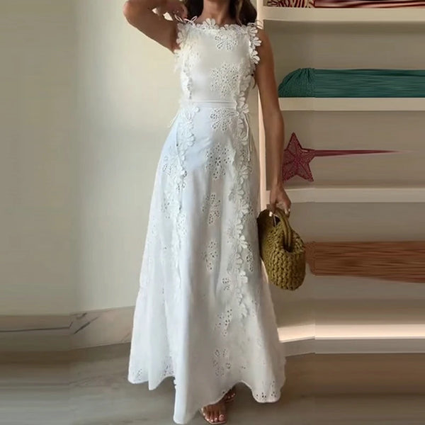 Women Sexy Lace Jacquard Slim Fit Party Dress Fashion Lace Up Solid Long Dresses Elegant O Neck Sleeveless Hollow Banquet Dress