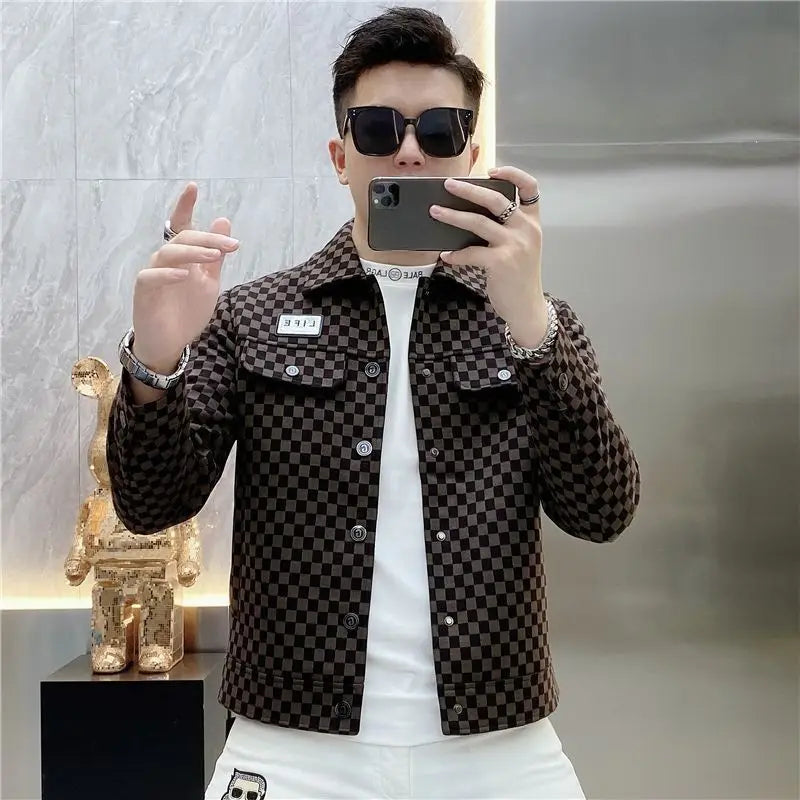 New Checkered Jacket Men's Trendy Brand Flip Collar High End Fashion Printed Casual Slimming Coat for Men