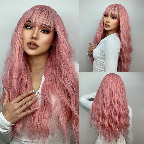 Ash Blonde Ombre Pink Long Wavy Wig Synthetic Natural Wave Wigs with Bangs Halloween Cosplay Party Wig for Women Heat Resistant