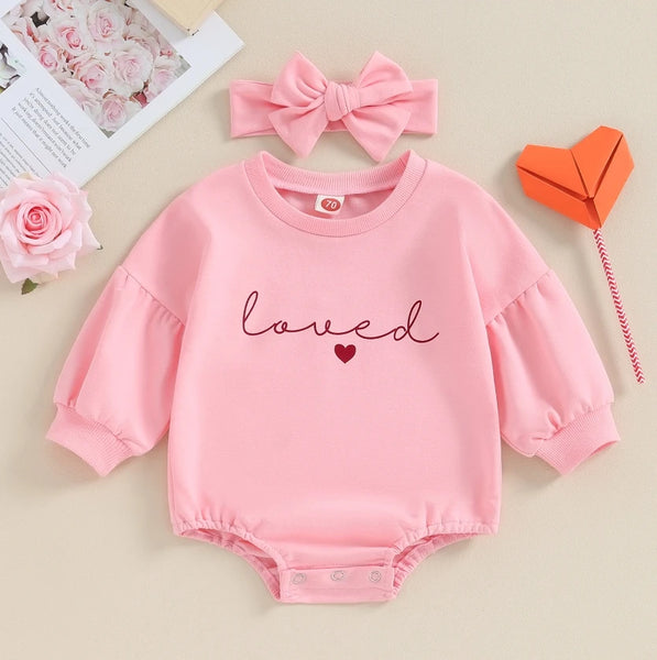 Baby Girl Valentine's Day Outfits Ruffle Bubble Long Sleeve Heart Print Sweatshirt Romper with Headband Set Baby Bodysuits
