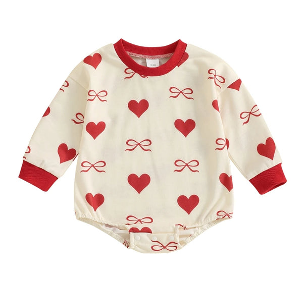 Baby Girl Valentine's Day Outfits Ruffle Bubble Long Sleeve Heart Print Sweatshirt Romper with Headband Set Baby Bodysuits
