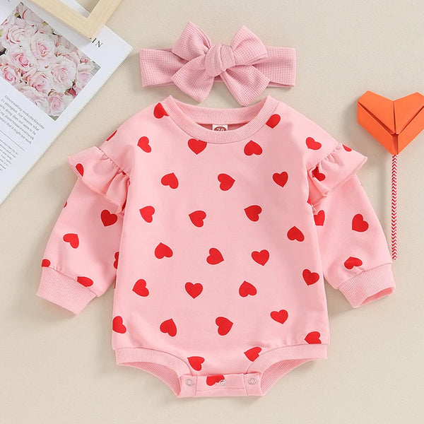 Baby Girl Valentine's Day Outfits Ruffle Bubble Long Sleeve Heart Print Sweatshirt Romper with Headband Set Baby Bodysuits