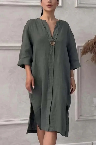 Loose V-neck Two Side Slit Pullover Dress 2024 Women's New Cotton And Linen Solid Color Casual Long-Sleeved Button Maxi Dress